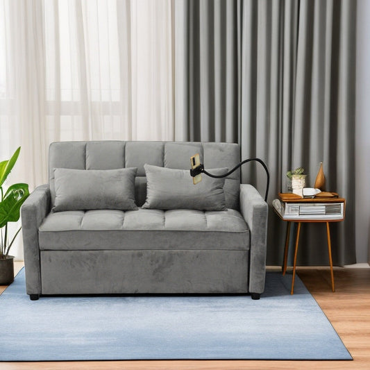 Light Gray Convertible Pullout Loveseat Sofa Bed with Phone Holder