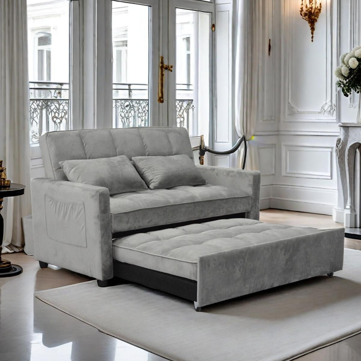 Light Gray Convertible Pullout Loveseat Sofa Bed with Phone Holder