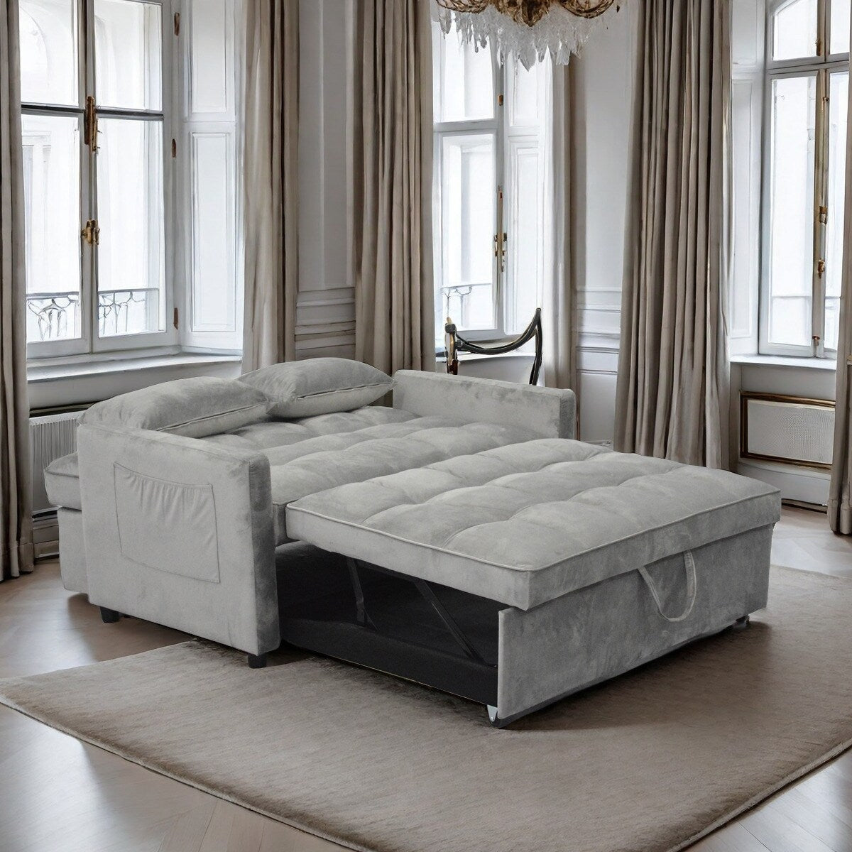 Light Gray Convertible Pullout Loveseat Sofa Bed with Phone Holder