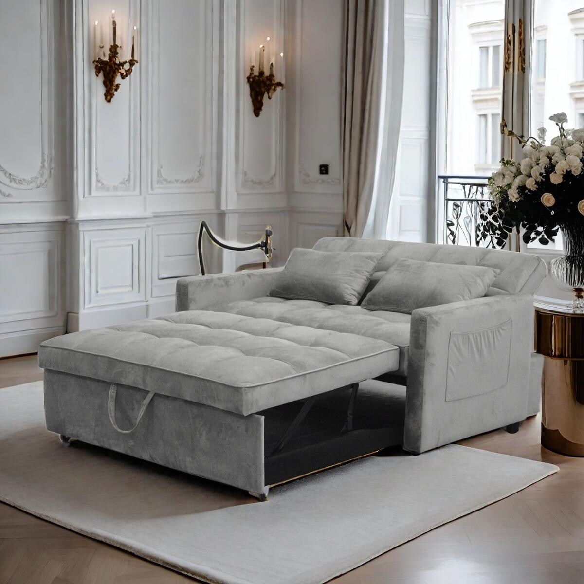 Light Gray Convertible Pullout Loveseat Sofa Bed with Phone Holder