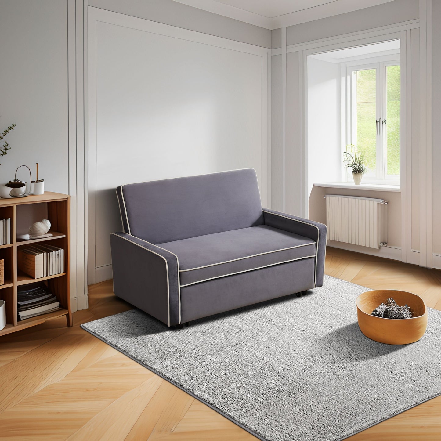 Light Gray Fluffy Fabric 1-Piece Living Room Sofabed