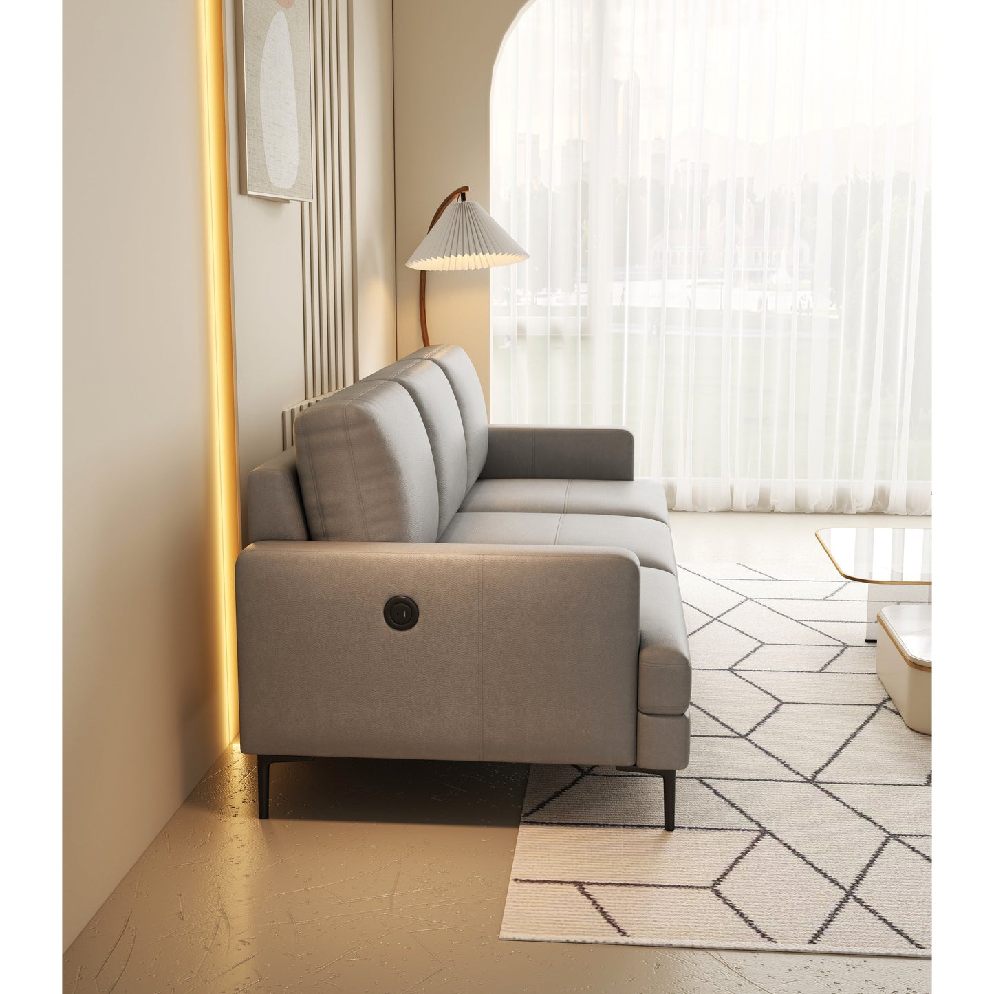 Light Gray Genuine Leather 3-seater Sofa with USB Charger