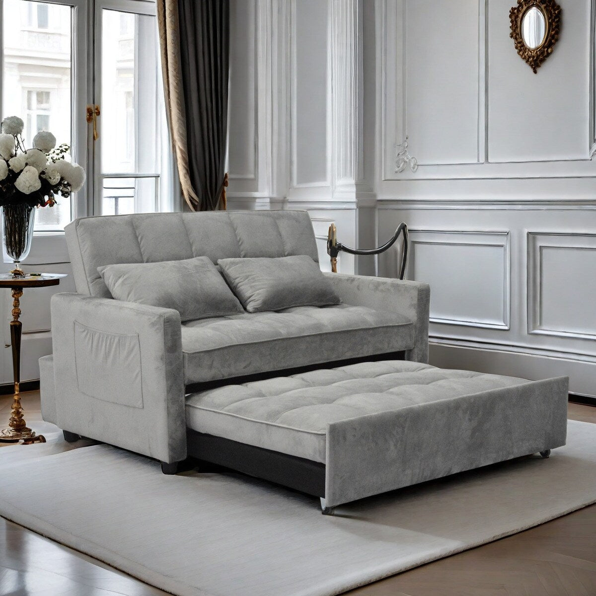 Light Gray Modern 54.33 Convertible Pullout Loveseat Sofa Bed with Reclining Backrest and Phone Holder