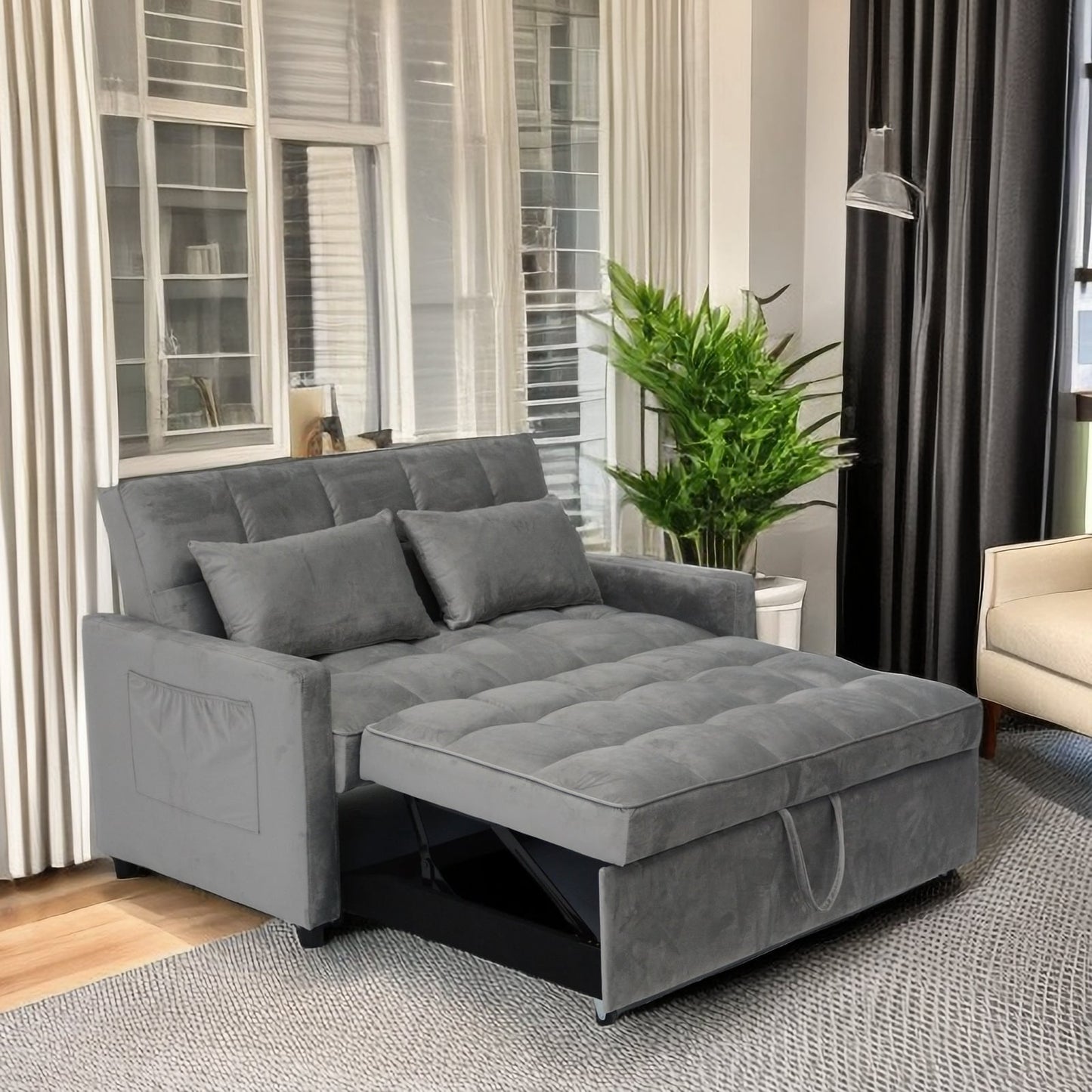 Light Gray Modern 55.2 Convertible Pullout Loveseat Sofa Bed with Reclining Backrest for Living Room