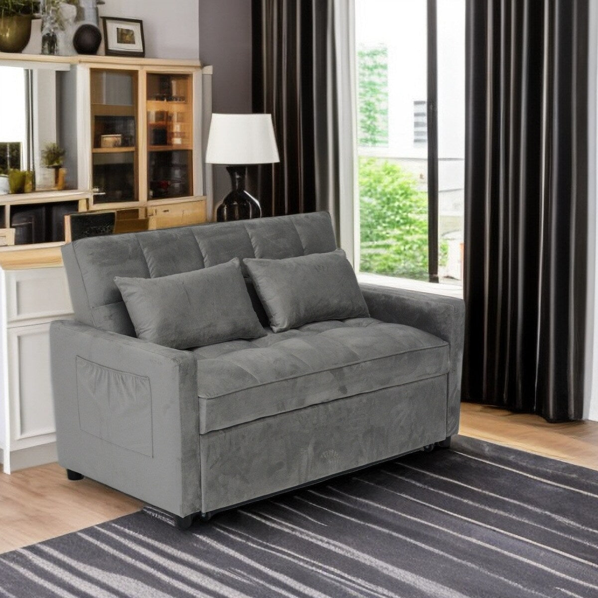 Light Gray Modern 55.2 Convertible Pullout Loveseat Sofa Bed with Reclining Backrest for Living Room