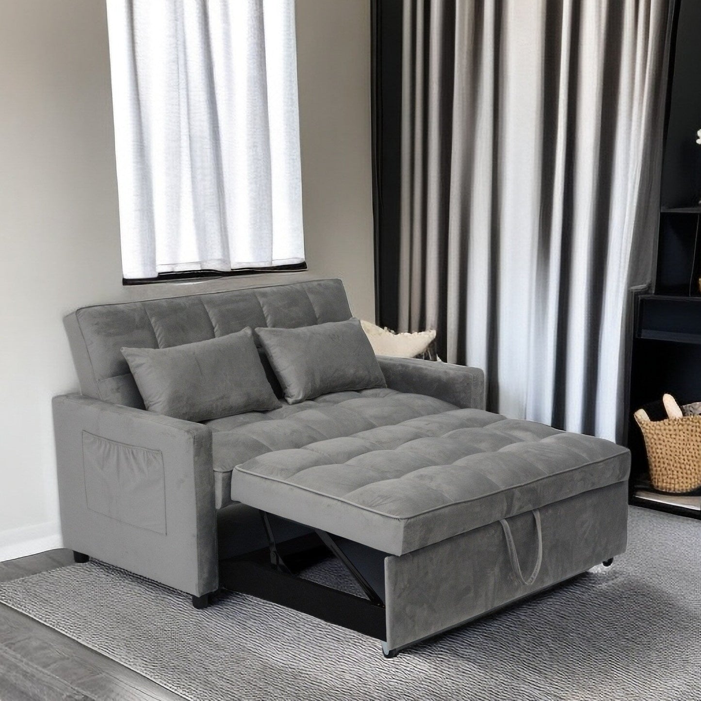 Light Gray Modern 55.2 Convertible Pullout Loveseat Sofa Bed with Reclining Backrest for Living Room