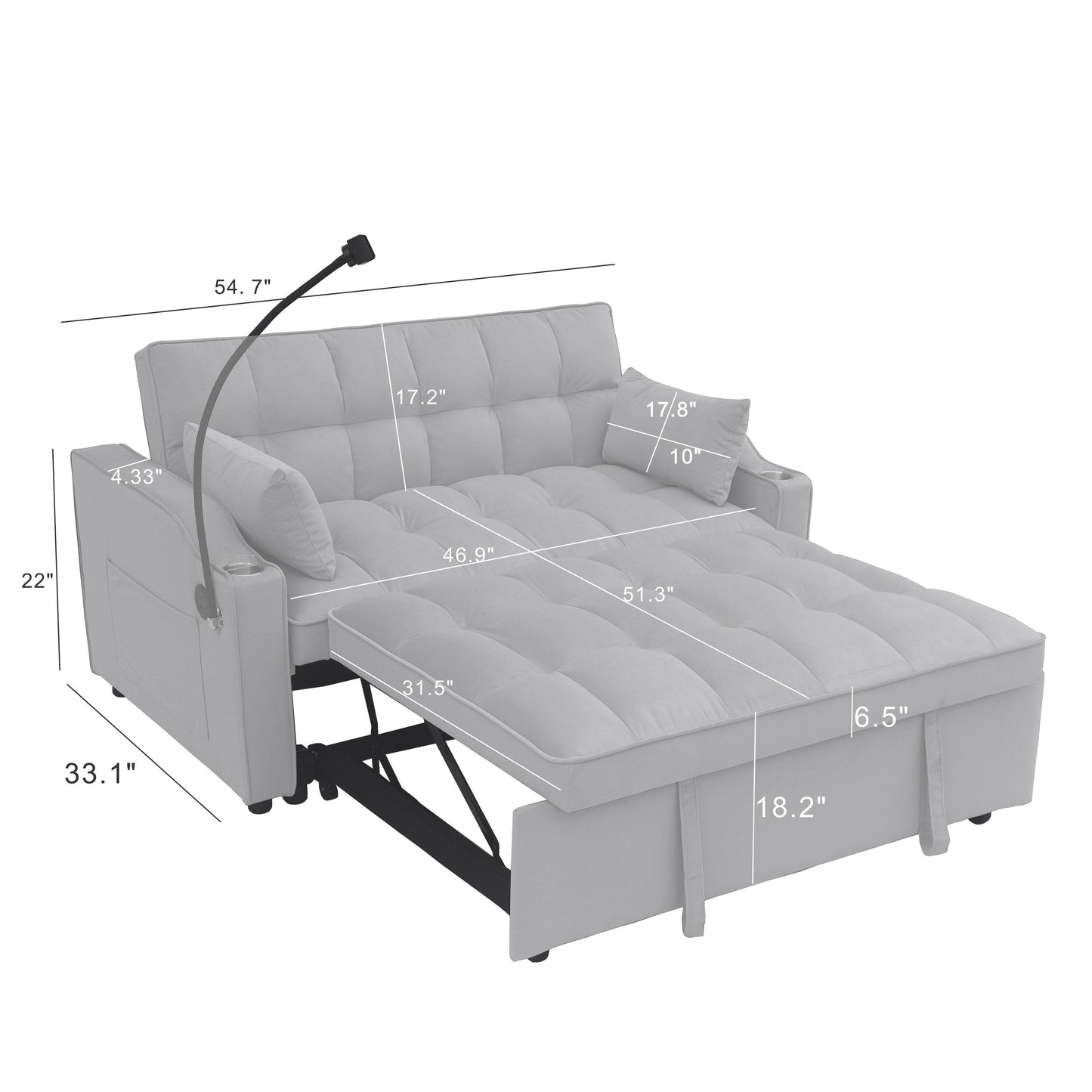 Light Gray Modern 70.2 Velvet 3 in 1 Loveseat Convertible Sofa Bed with Adjustable Back and USB Charging Port for Living Room