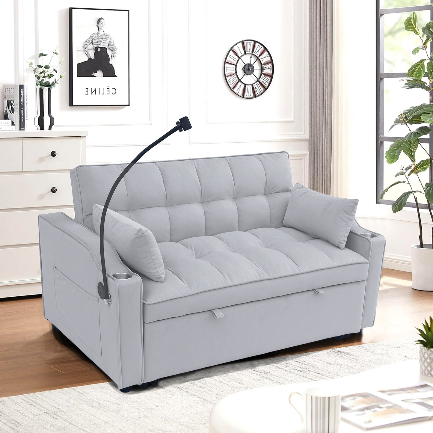 Light Gray Modern 70.2 Velvet 3 in 1 Loveseat Convertible Sofa Bed with Adjustable Back and USB Charging Port for Living Room