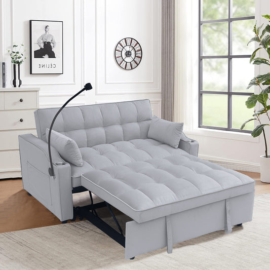 Light Gray Modern 70.2 Velvet 3 in 1 Loveseat Convertible Sofa Bed with Adjustable Back and USB Charging Port for Living Room