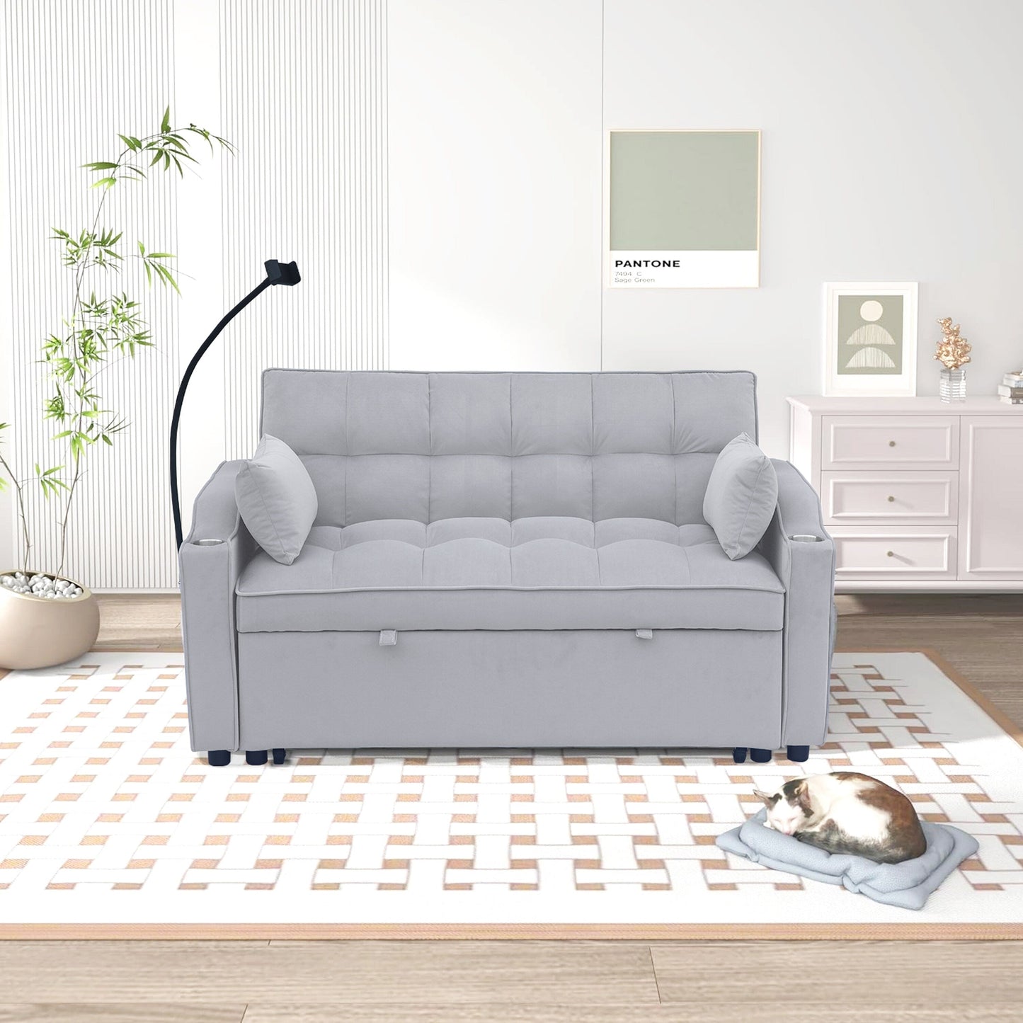 Light Gray Modern 70.2 Velvet 3 in 1 Loveseat Convertible Sofa Bed with Adjustable Back and USB Charging Port for Living Room