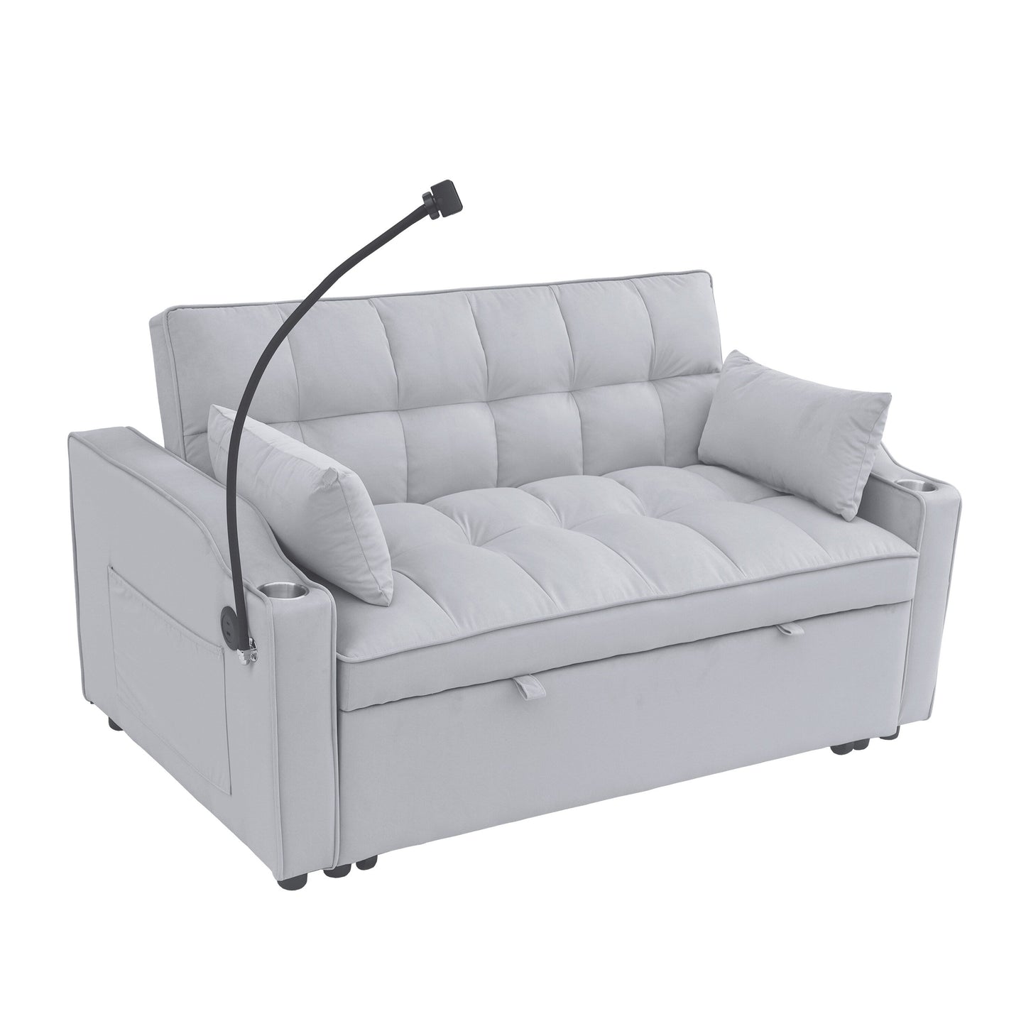 Light Gray Modern 70.2 Velvet 3 in 1 Loveseat Convertible Sofa Bed with Adjustable Back and USB Charging Port for Living Room