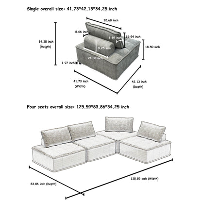 Light Gray Oversized 4-piece Chenille Modular Square Sofa Set with High-Density Foam Cushions, Free Combination