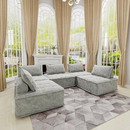 Light Gray Oversized 5-piece Chenille Modular Square Sofa Set with High-Density Foam Cushions, Free Combination