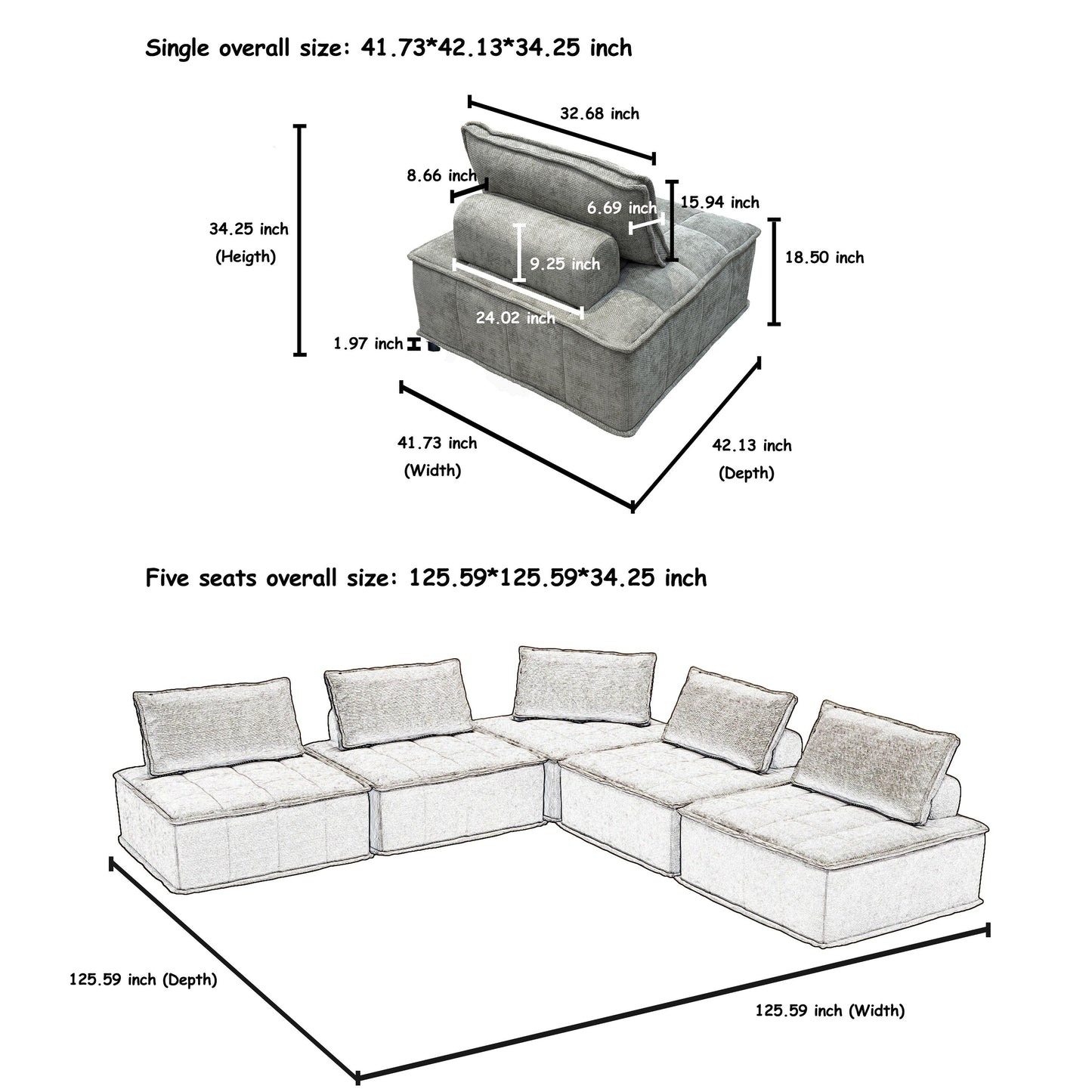 Light Gray Oversized 5-piece Chenille Modular Square Sofa Set with High-Density Foam Cushions, Free Combination