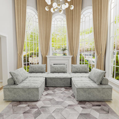 Light Gray Oversized 5-piece Chenille Modular Square Sofa Set with High-Density Foam Cushions, Free Combination