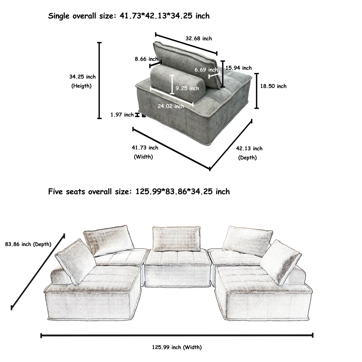 Light Gray Oversized 5-piece Chenille Modular Square Sofa Set with High-Density Foam Cushions, Free Combination