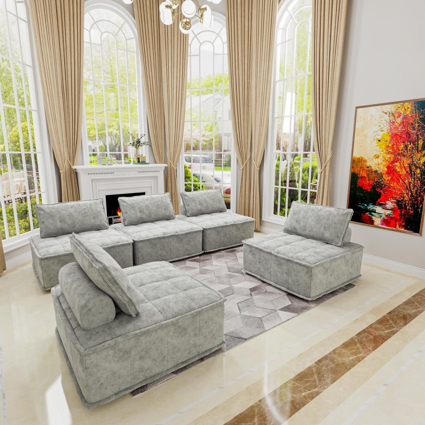 Light Gray Oversized 5-piece Chenille Modular Square Sofa Set with High-Density Foam Cushions, Free Combination