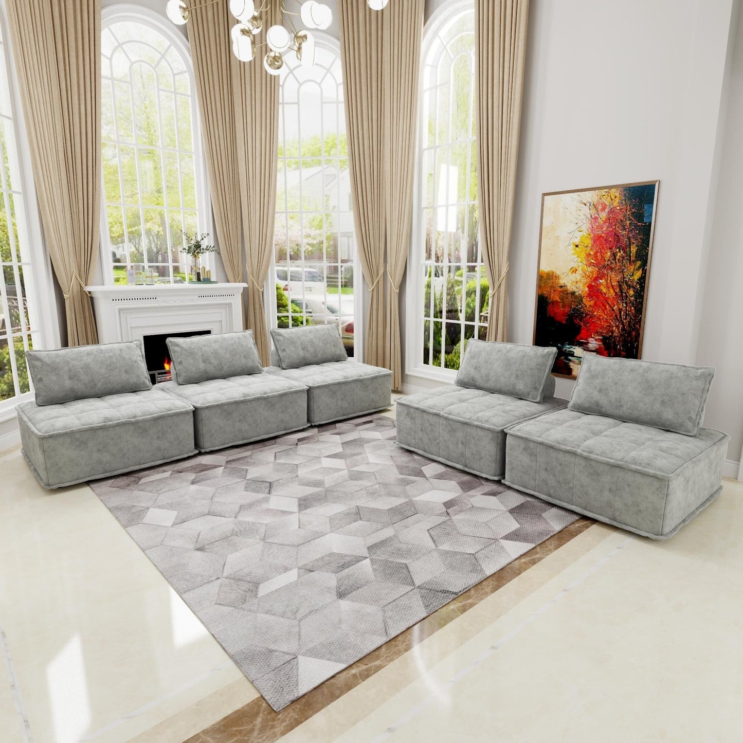 Light Gray Oversized 5-piece Chenille Modular Square Sofa Set with High-Density Foam Cushions, Free Combination