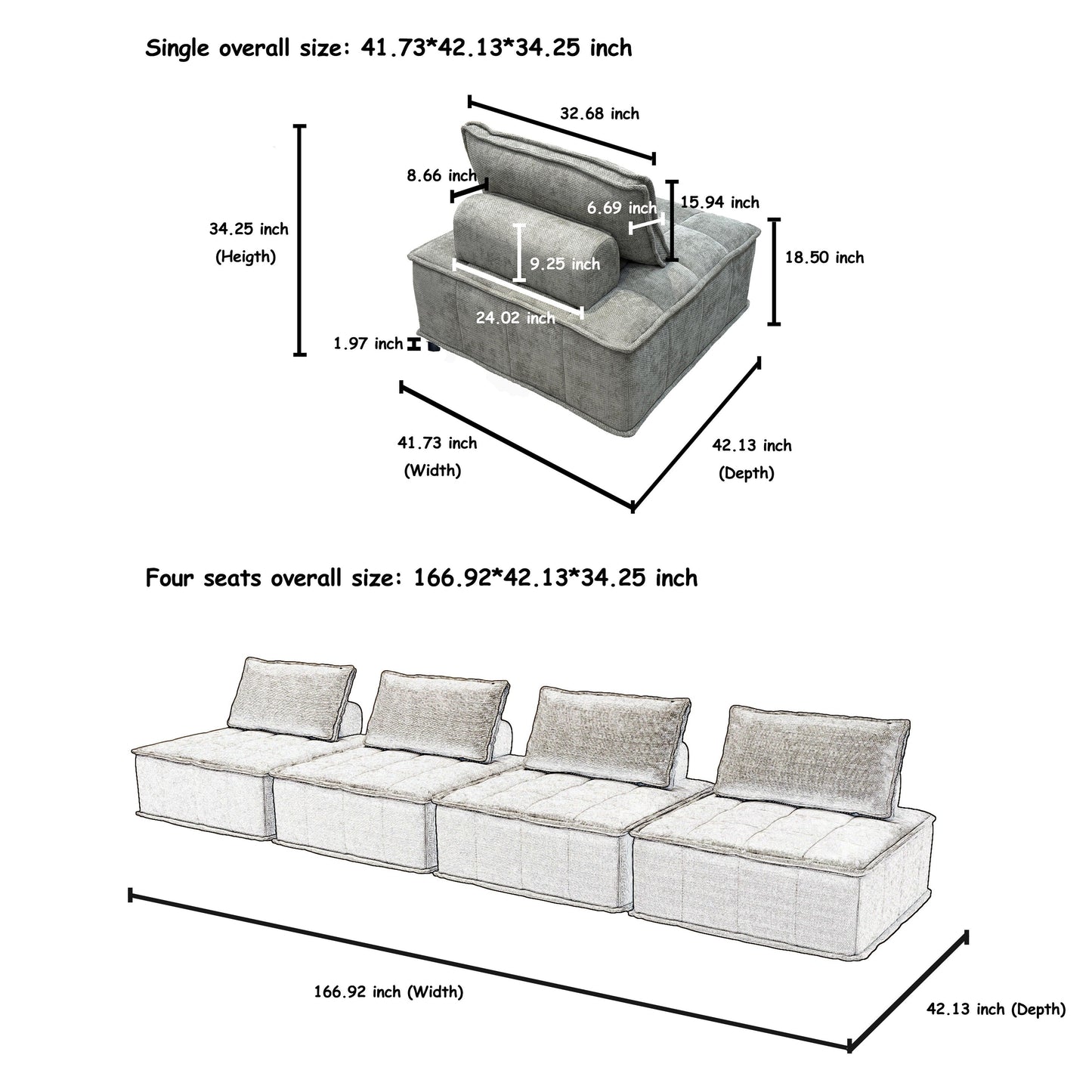 Light Gray Oversized 6-piece Chenille Modular Square Sofa Set with High-Density Foam Cushions, Free Combination