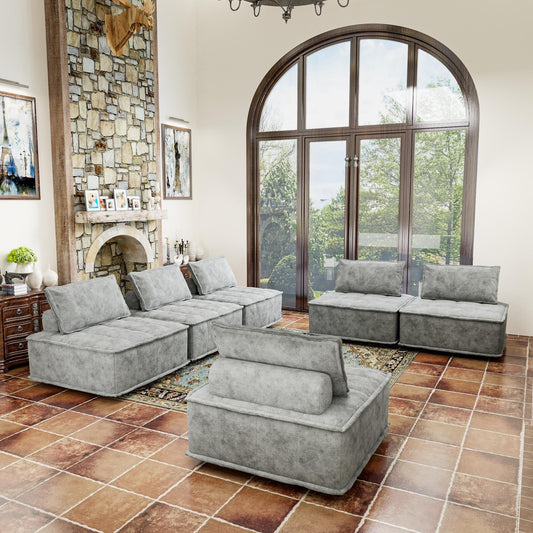 Light Gray Oversized 6-piece Chenille Modular Square Sofa Set with High-Density Foam Cushions, Free Combination