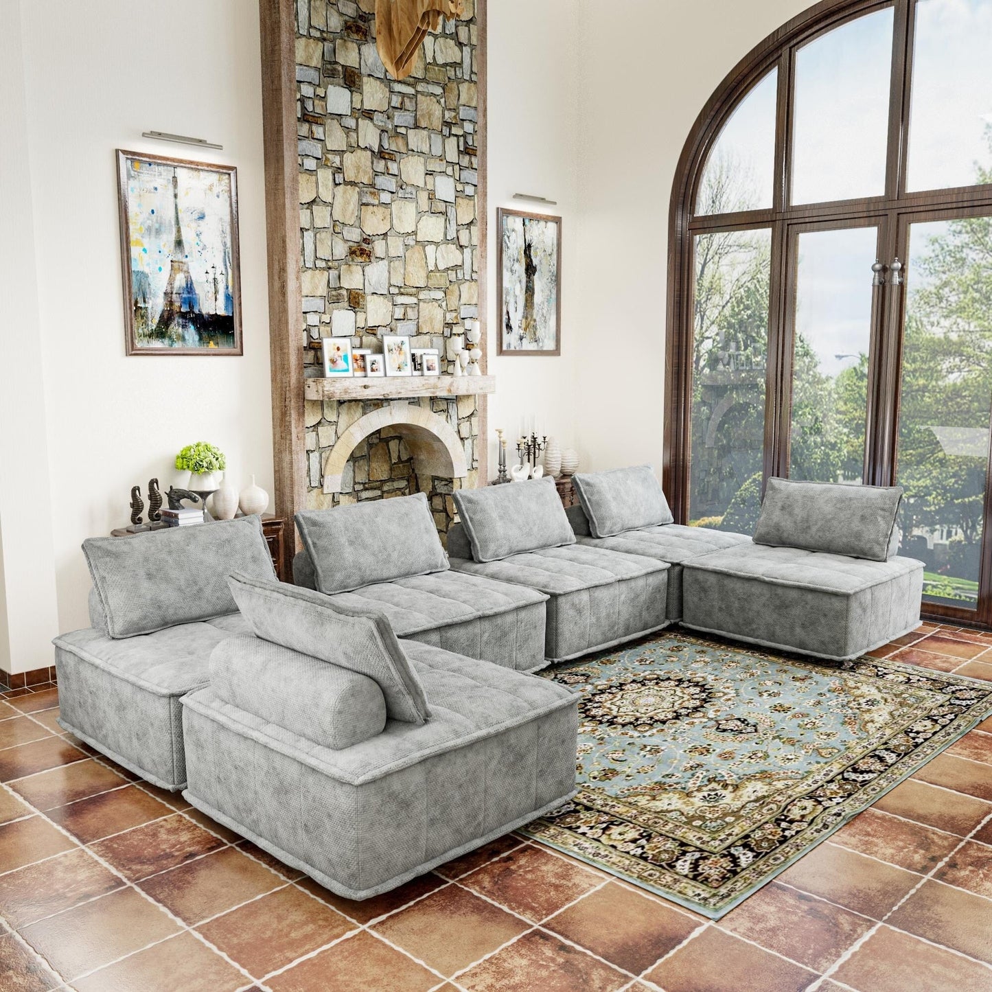 Light Gray Oversized 6-piece Chenille Modular Square Sofa Set with High-Density Foam Cushions, Free Combination