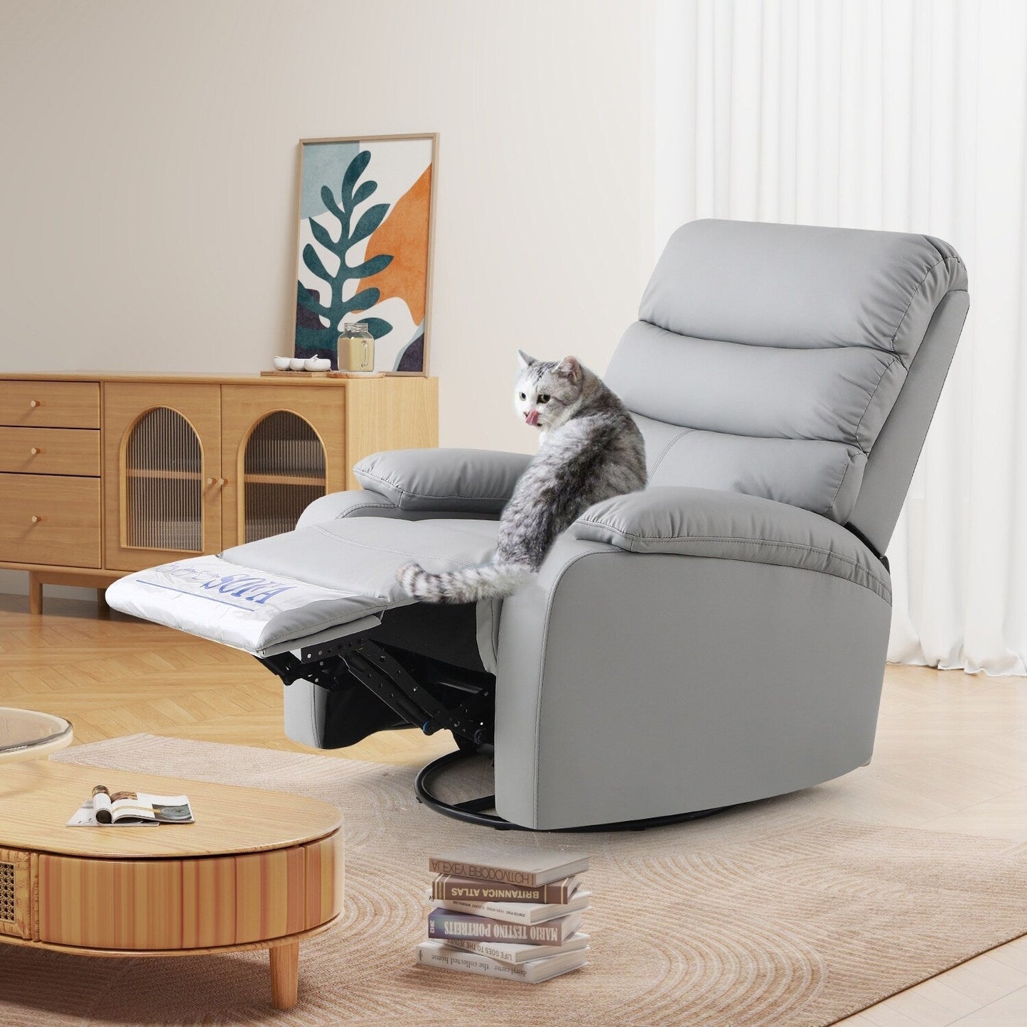 Light Gray PU Leather 360Â° Swivel Rocker Manual Recliner with Foot Anti Dirty Protection, Cat Scratch-resistant Fabric