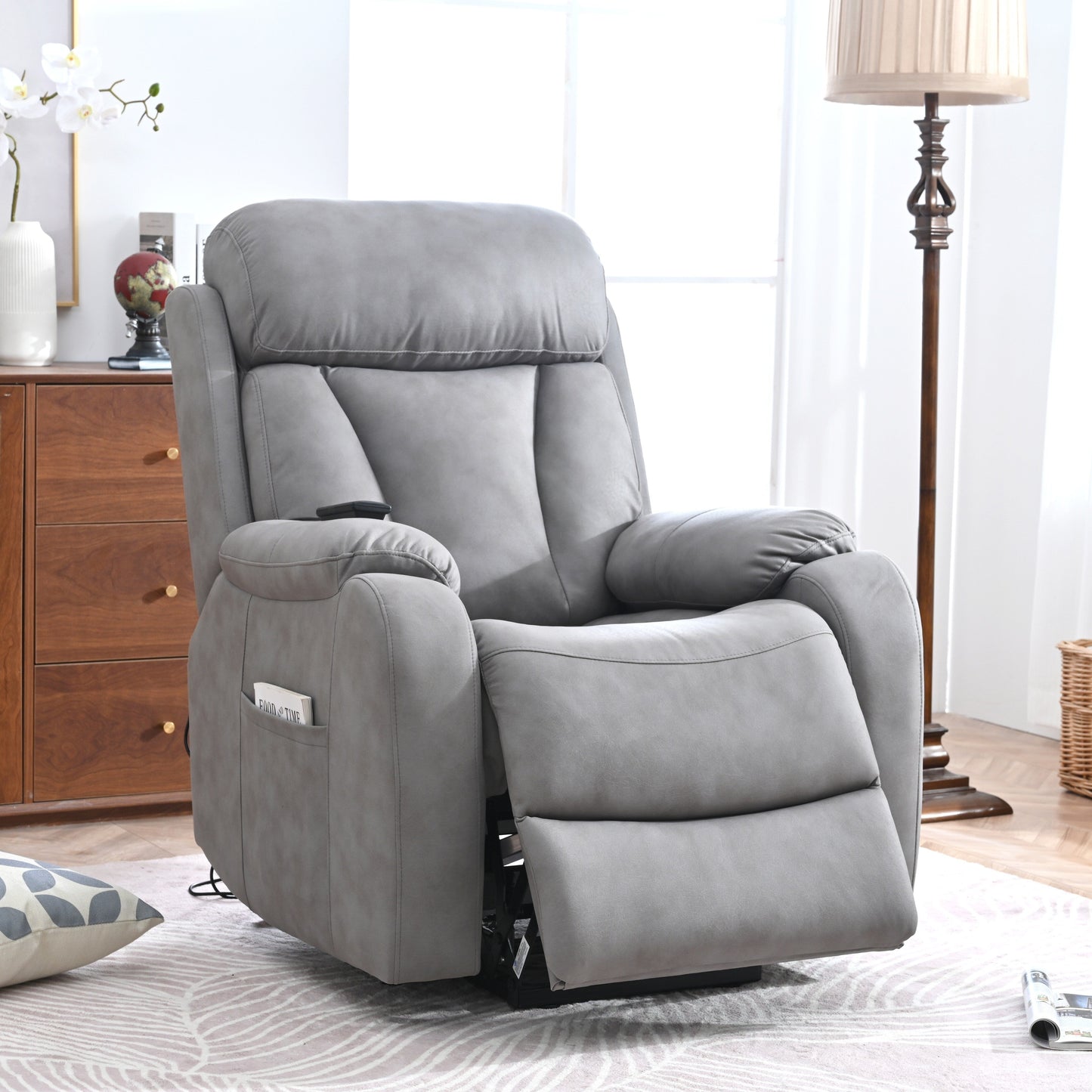 Light Gray Polyester Upholstered Power Lift Recliner for Elderly with Side Pocket, Pillow Top Arms, and Remote Control