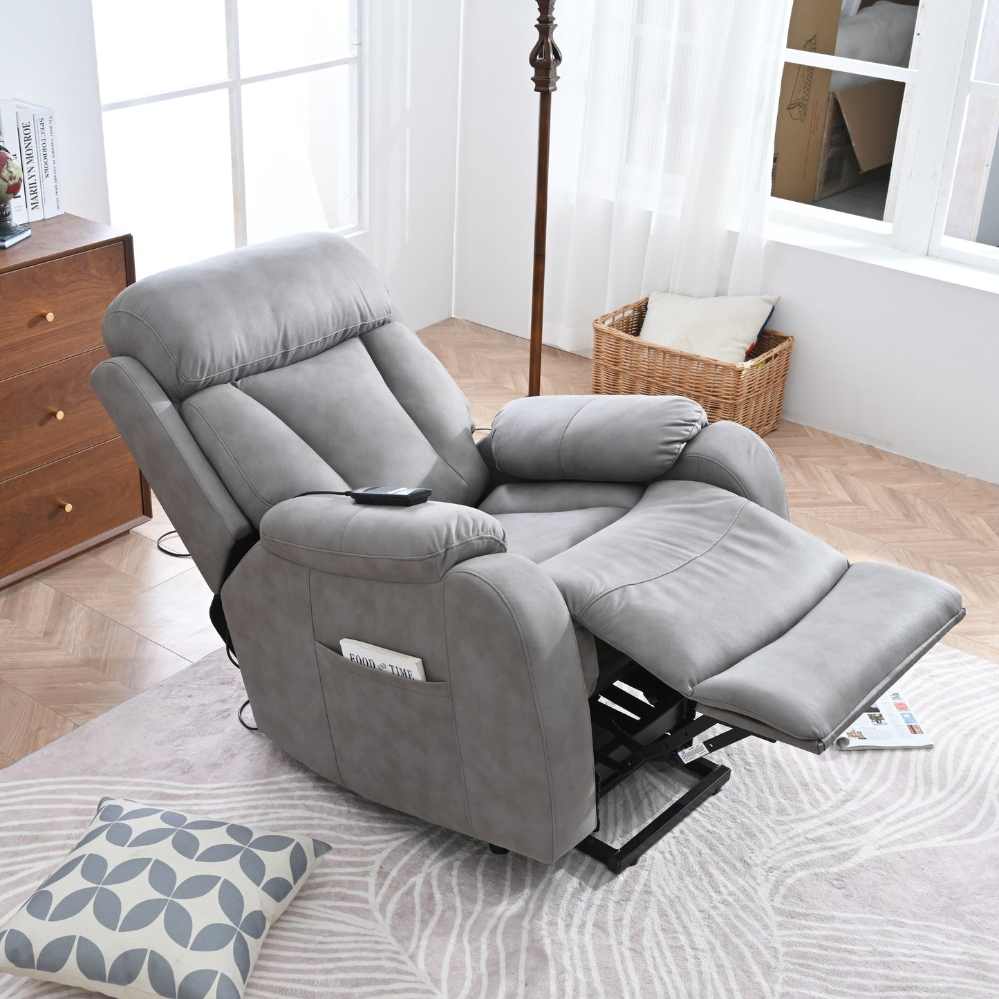 Light Gray Polyester Upholstered Power Lift Recliner for Elderly with Side Pocket, Pillow Top Arms, and Remote Control