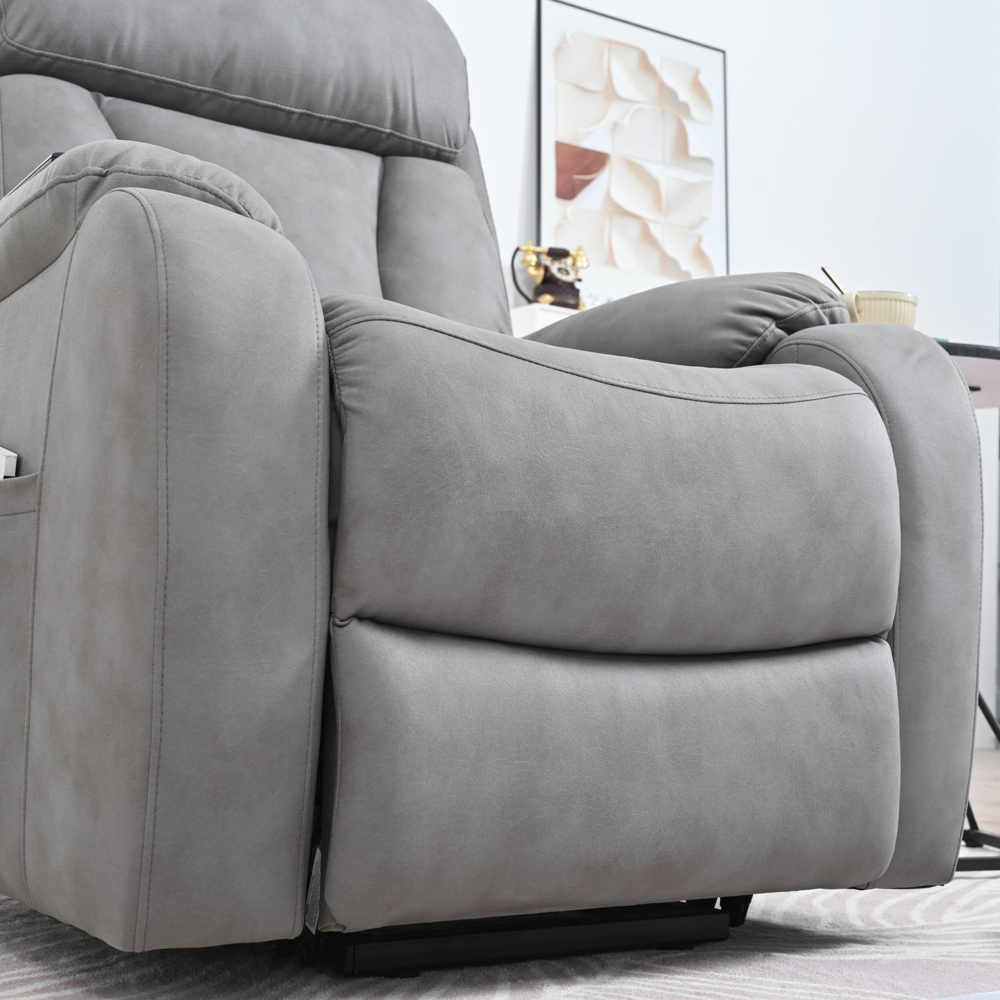 Light Gray Polyester Upholstered Power Lift Recliner for Elderly with Side Pocket, Pillow Top Arms, and Remote Control