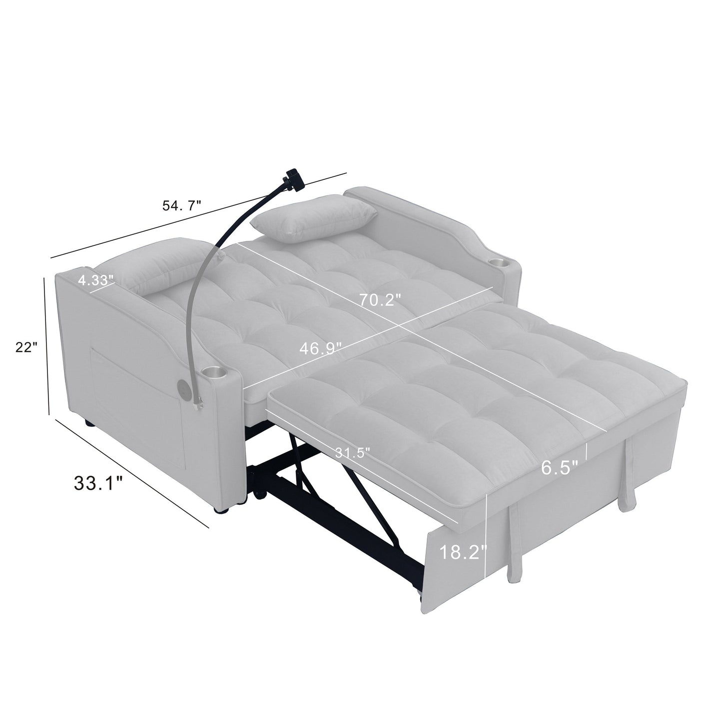 Light Gray Velvet Convertible Sleeper Loveseat Sofa with Adjustable Backrest