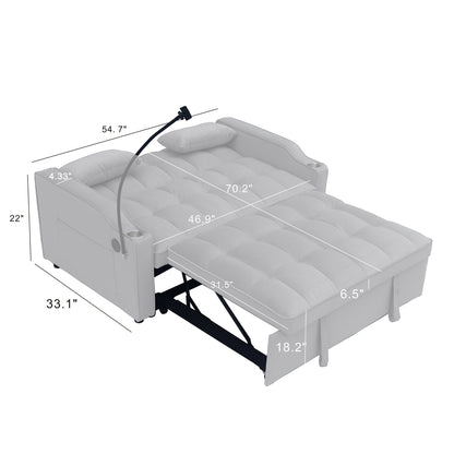 Light Gray Velvet Convertible Sleeper Loveseat Sofa with Adjustable Backrest