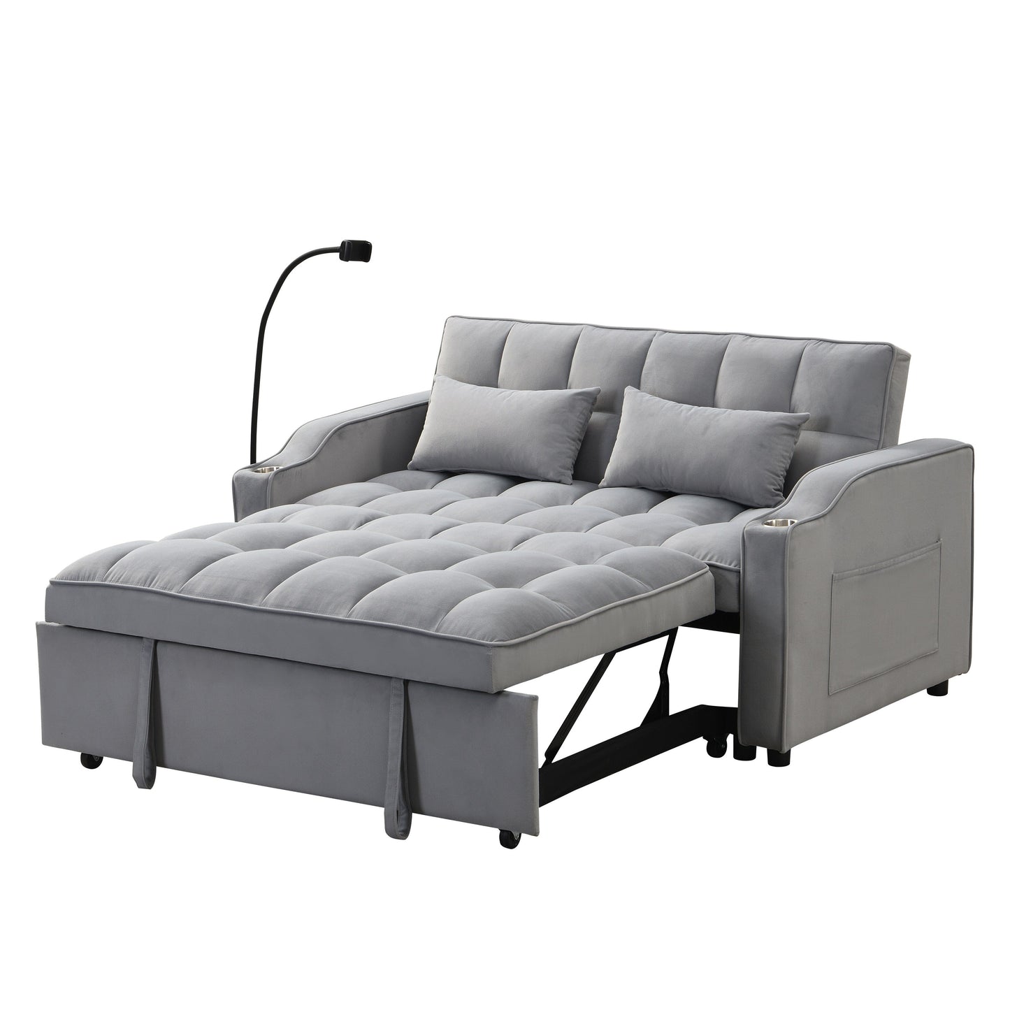 Light Gray Velvet Convertible Sleeper Loveseat Sofa with Adjustable Backrest