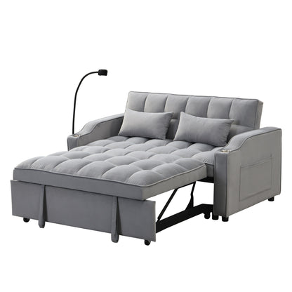 Light Gray Velvet Convertible Sleeper Loveseat Sofa with Adjustable Backrest