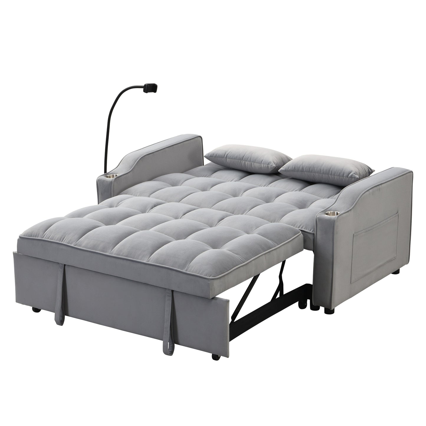 Light Gray Velvet Convertible Sleeper Loveseat Sofa with Adjustable Backrest