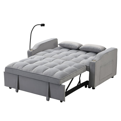 Light Gray Velvet Convertible Sleeper Loveseat Sofa with Adjustable Backrest