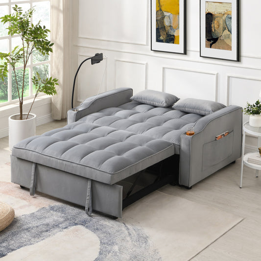 Light Gray Velvet Convertible Sleeper Loveseat Sofa with Adjustable Backrest