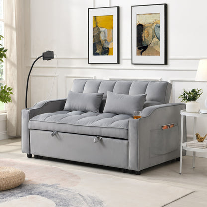 Light Gray Velvet Convertible Sleeper Loveseat Sofa with Adjustable Backrest