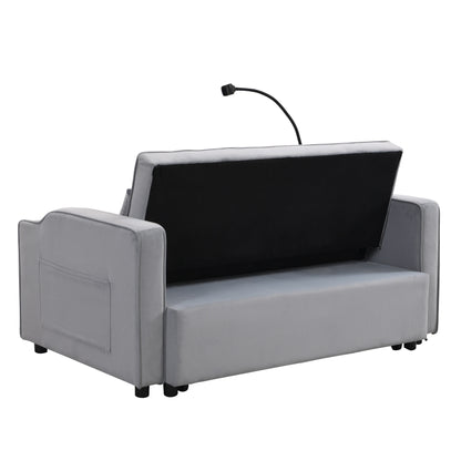 Light Gray Velvet Convertible Sleeper Loveseat Sofa with Adjustable Backrest