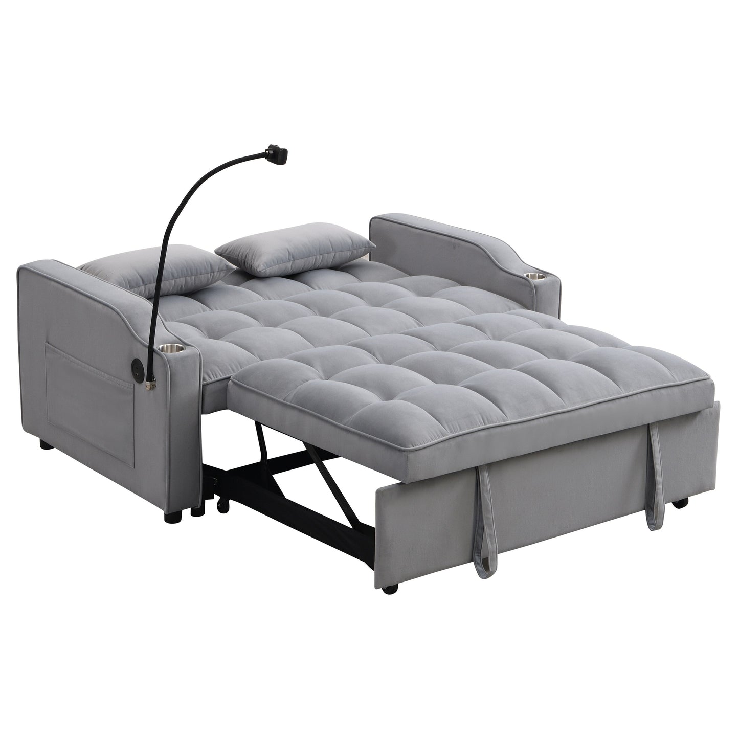 Light Gray Velvet Convertible Sleeper Loveseat Sofa with Adjustable Backrest