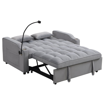 Light Gray Velvet Convertible Sleeper Loveseat Sofa with Adjustable Backrest