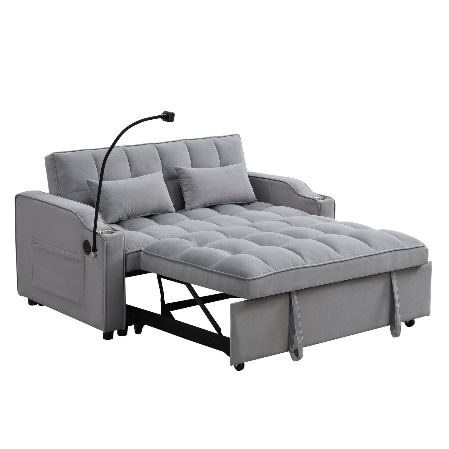 Light Gray Velvet Convertible Sleeper Loveseat Sofa with Adjustable Backrest