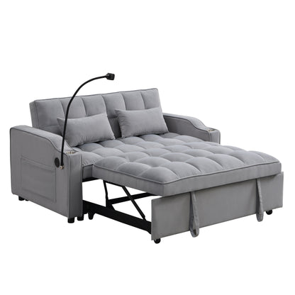 Light Gray Velvet Convertible Sleeper Loveseat Sofa with Adjustable Backrest