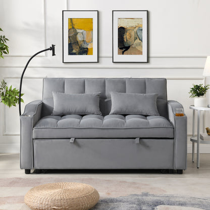 Light Gray Velvet Convertible Sleeper Loveseat Sofa with Adjustable Backrest