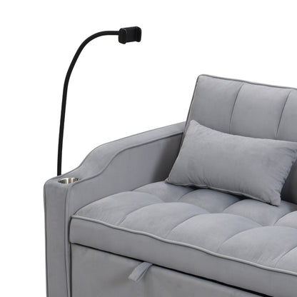 Light Gray Velvet Convertible Sleeper Loveseat Sofa with Adjustable Backrest