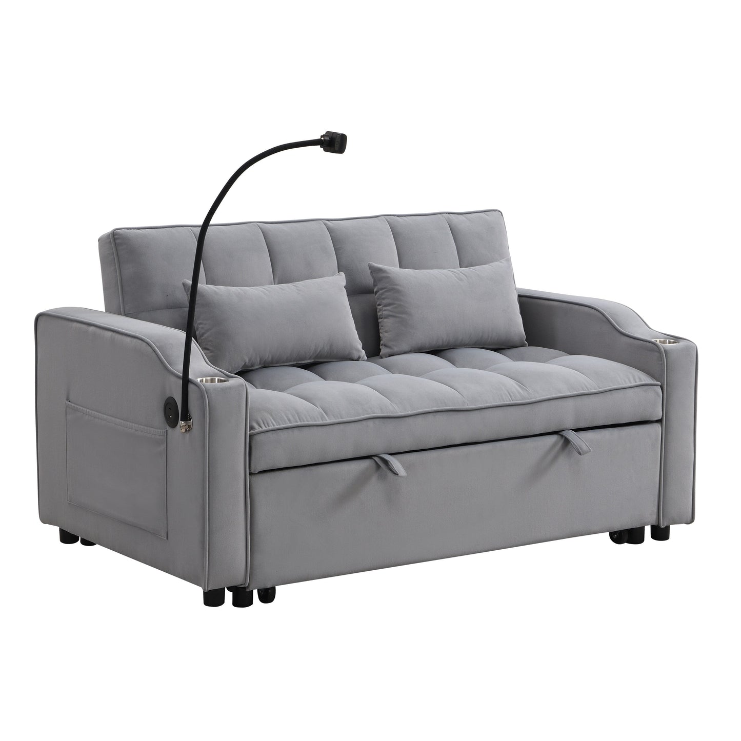 Light Gray Velvet Convertible Sleeper Loveseat Sofa with Adjustable Backrest