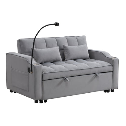 Light Gray Velvet Convertible Sleeper Loveseat Sofa with Adjustable Backrest