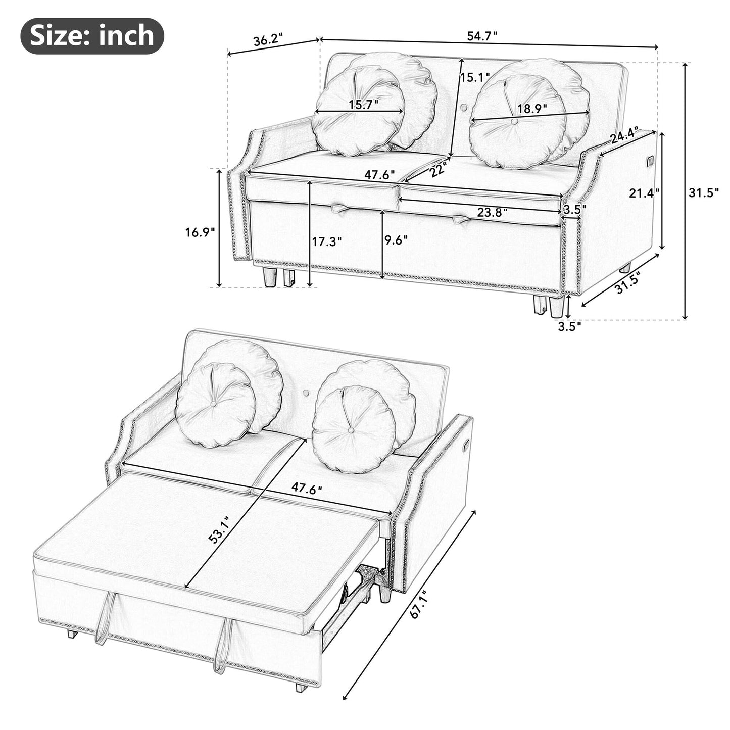 Light Grey 54.7 Polyester Loveseat Adjustable Sofa Bed with Two USB Ports and Four Floral Lumbar Pillows