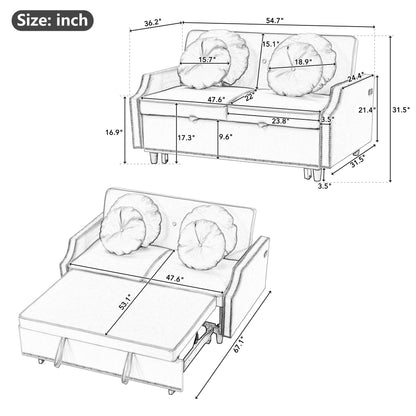 Light Grey 54.7 Polyester Loveseat Adjustable Sofa Bed with Two USB Ports and Four Floral Lumbar Pillows