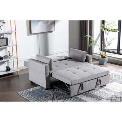 Light Grey 55.12 3-in-1 Linen Loveseat Convertible Sofa Bed with Side Pocket and Pillows for Living Room
