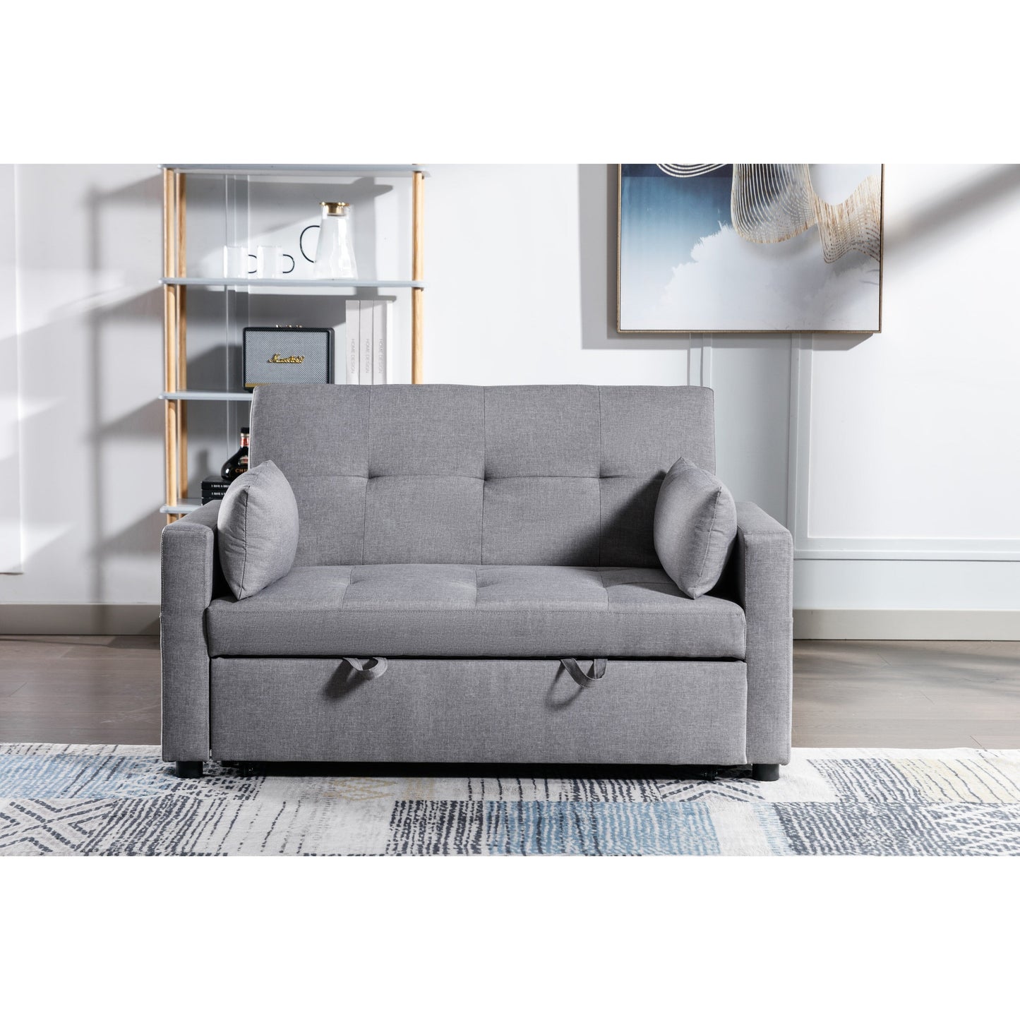Light Grey 55.12 3-in-1 Linen Loveseat Convertible Sofa Bed with Side Pocket and Pillows for Living Room
